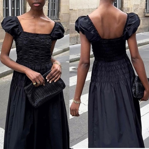 Caroline Constas Women’s Cotton Shirred Bodice Short Puff Sleeve Midi Dress NEW - Picture 4 of 16